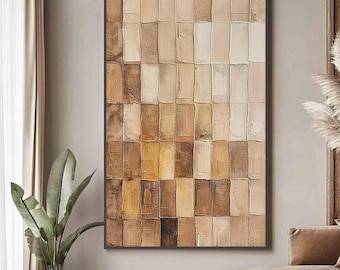 Original Earth Tone Oil Painting On Canvas, Abstract Textured Rectangular Blocks Painting, Large Modern Wall Art, Custom Living Room Decor
