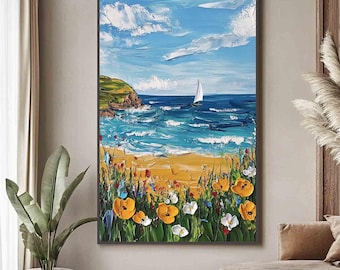 Original Vibrant Coastal Landscape Oil Painting, Abstract Seascape Painting, Impasto Textured Flower Wall Art, Modern Bedroom Wall Decor