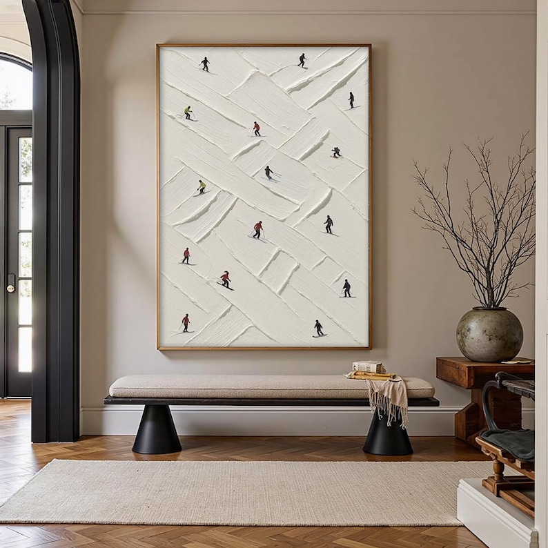 Textured Ski Slope Oil Painting, Modern Winter Sports Art,Dynamic Skier Landscape,Impasto Snow Art,Large Blue and White Wall Art,Wall Decor