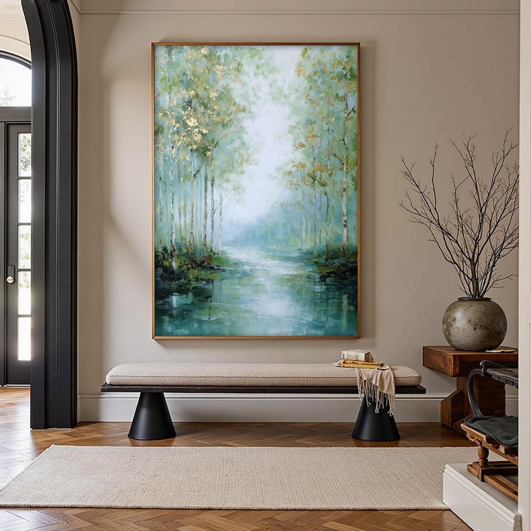 Large Forest Landscape Painting, Tranquil River Scene Wall Art, Green ...