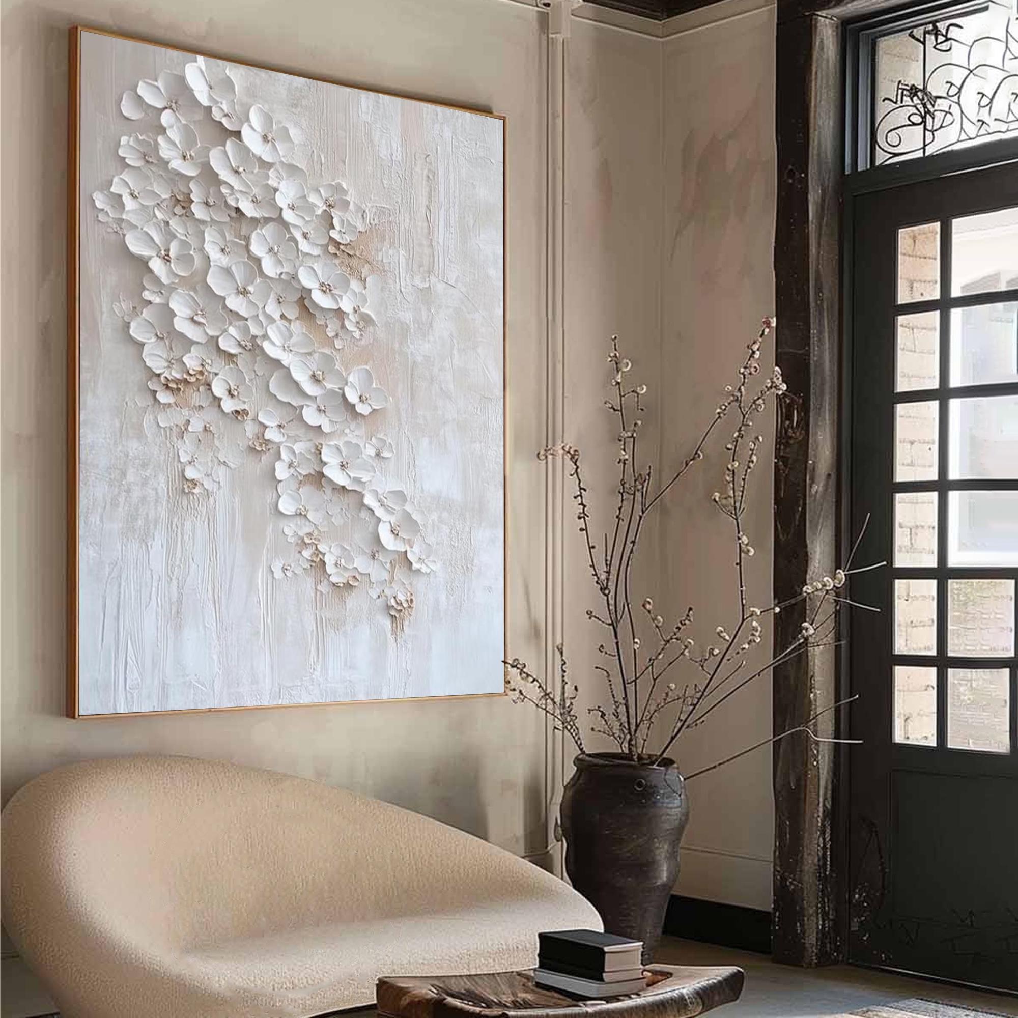 Hand-painted Textured White Floral Cluster Painting on Canvas, 3D ...
