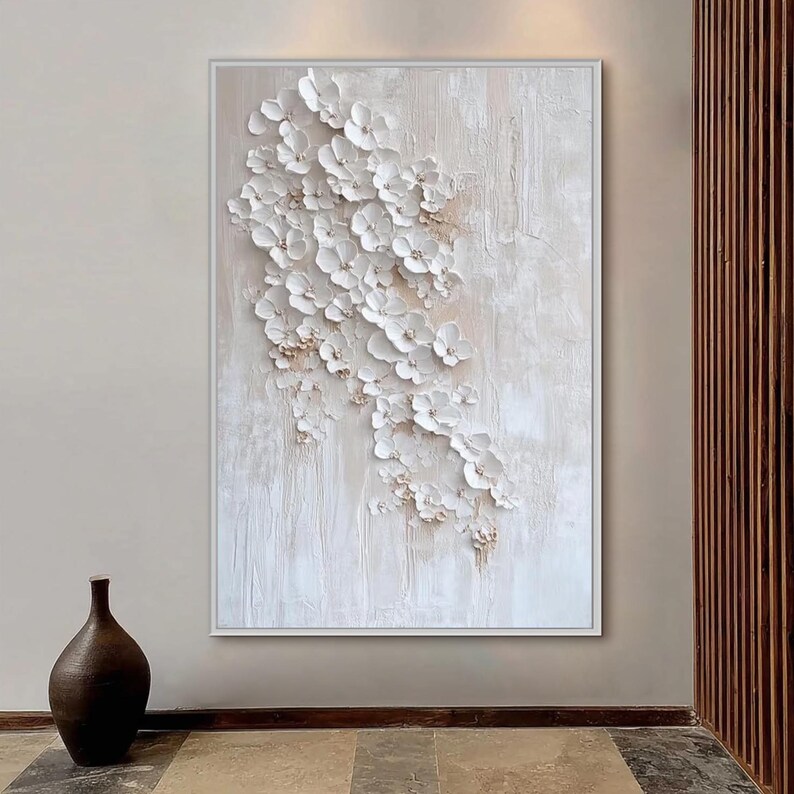 Hand-painted Textured White Floral Cluster Painting on Canvas, 3D ...