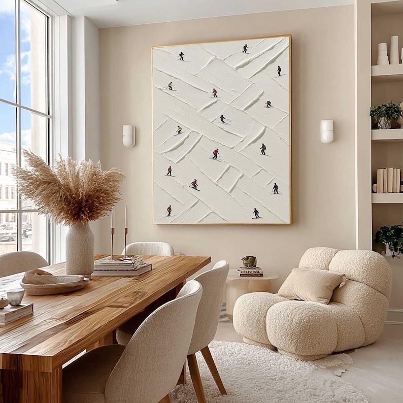Textured Ski Slope Oil Painting, Modern Winter Sports Art,Dynamic Skier Landscape,Impasto Snow Art,Large Blue and White Wall Art,Wall Decor