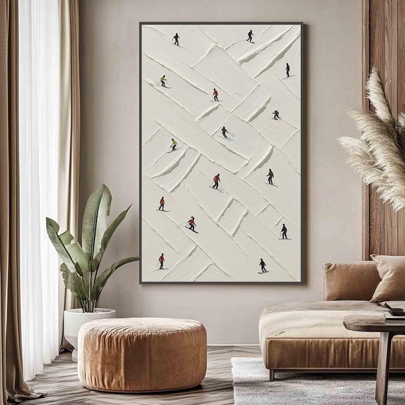Textured Ski Slope Oil Painting, Modern Winter Sports Art,Dynamic Skier Landscape,Impasto Snow Art,Large Blue and White Wall Art,Wall Decor