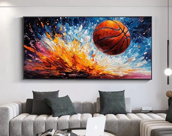 Abstract Basketball Oil Painting,Textured Sports Wall Art,Large Palette Knife Canvas, Modern Man Cave Decor,Colorful Blue And Orange Artwork