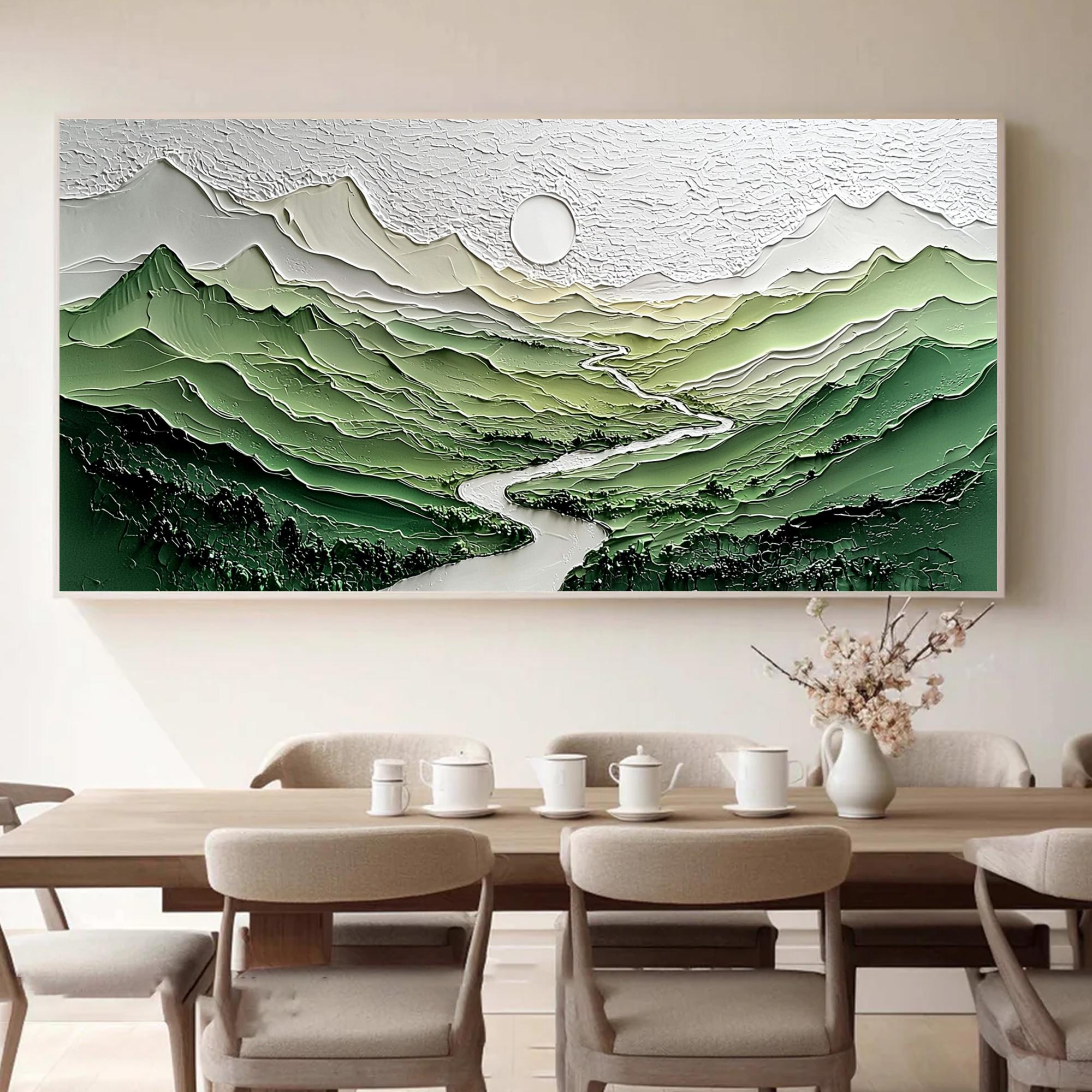 Large Textured River Landscape Oil Painting Green Mountain Wall Art 