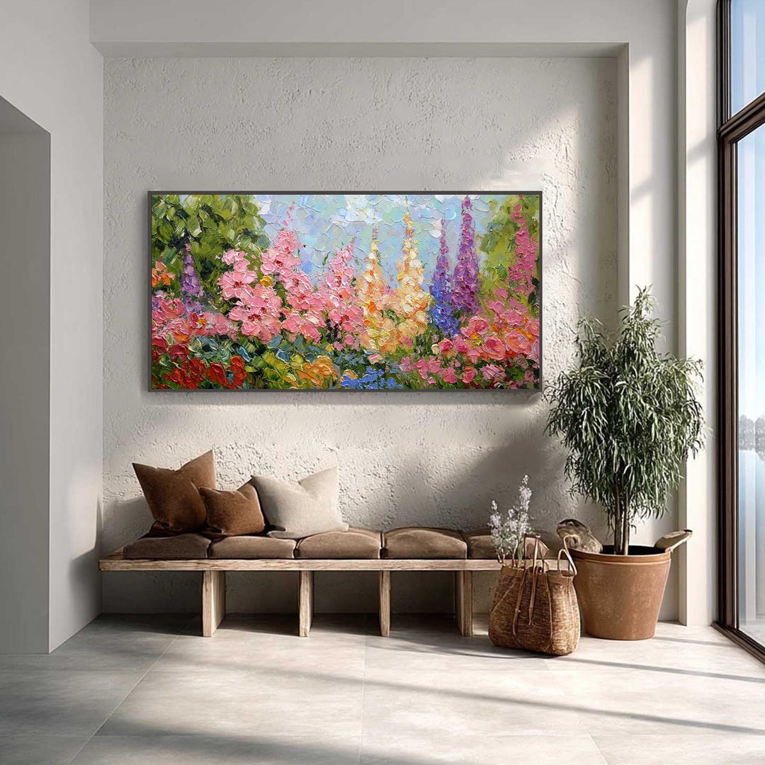 Large Impressionist Garden Oil Painting on Canvas, Textured Floral Wall ...