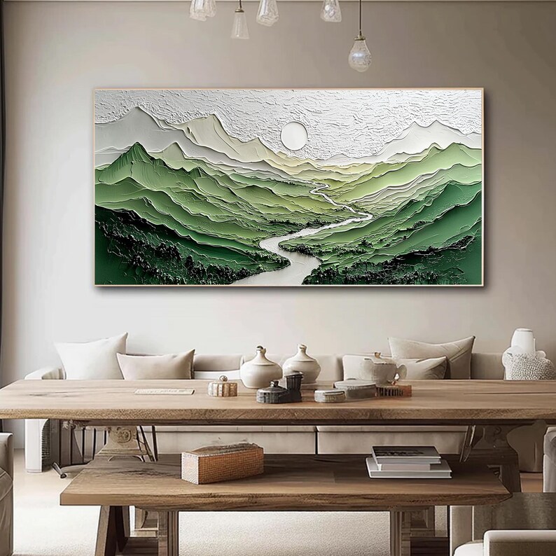 Large Textured River Landscape Oil Painting Green Mountain Wall Art 