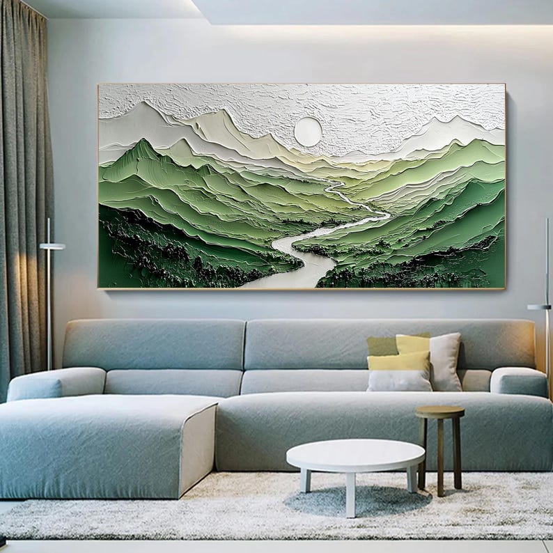 Large Textured River Landscape Oil Painting Green Mountain Wall Art 