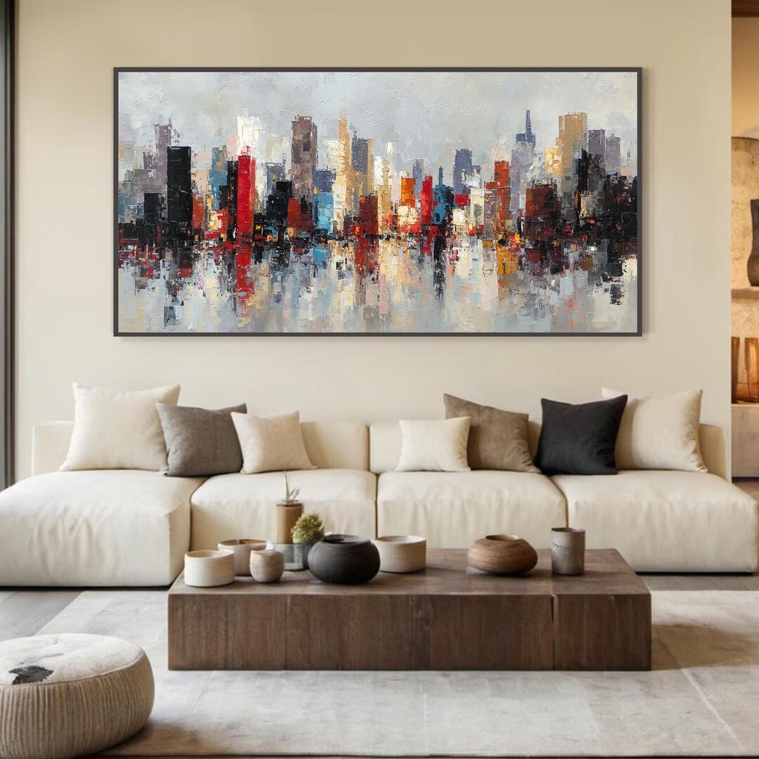 Large Abstract Cityscape Oil Painting, Textured Skyline Wall Art ...