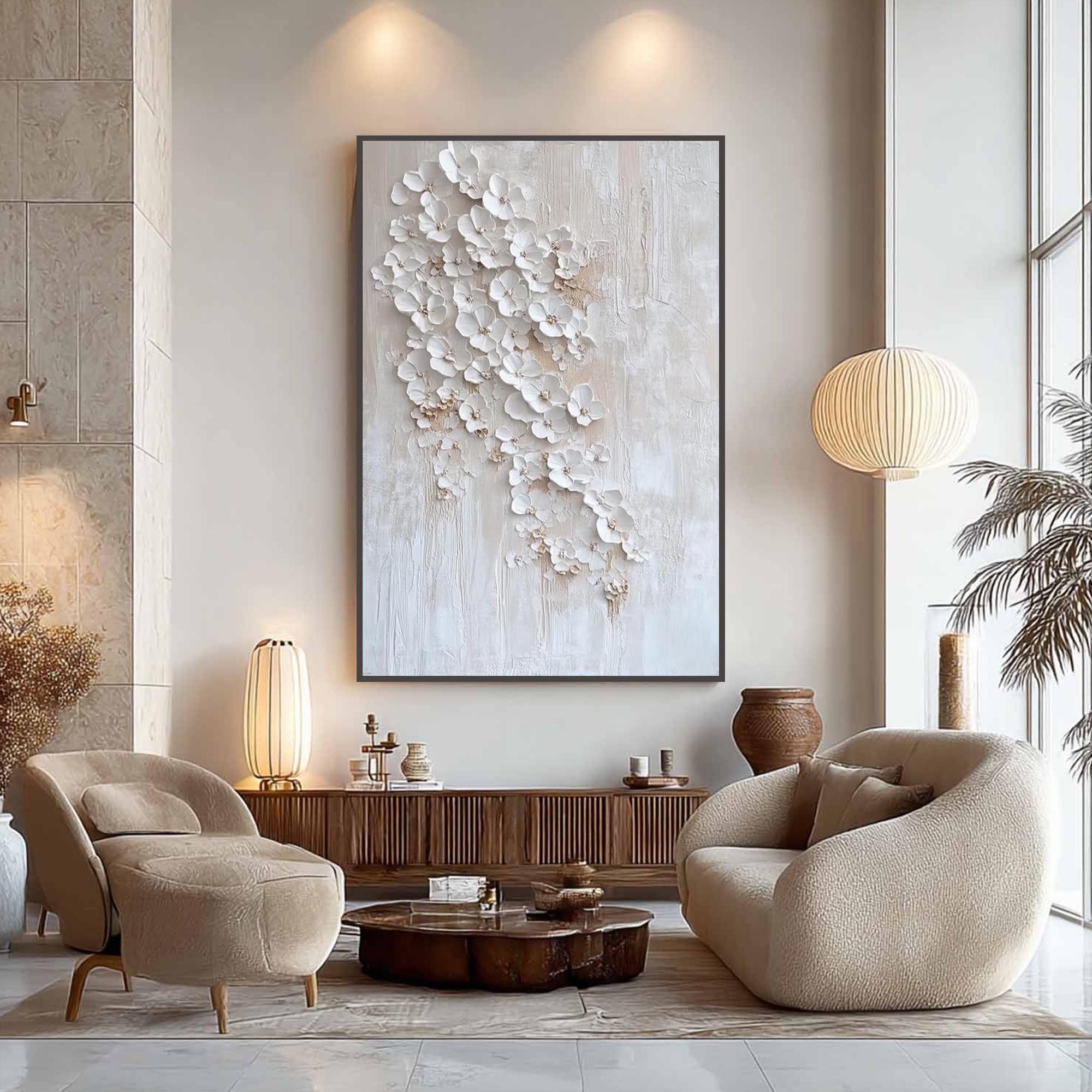 Hand-painted Textured White Floral Cluster Painting on Canvas, 3D ...