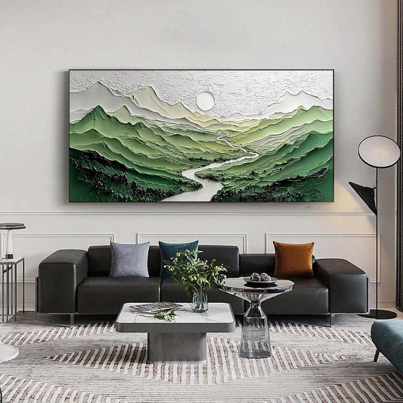 Large Textured River Landscape Oil Painting Green Mountain Wall Art 