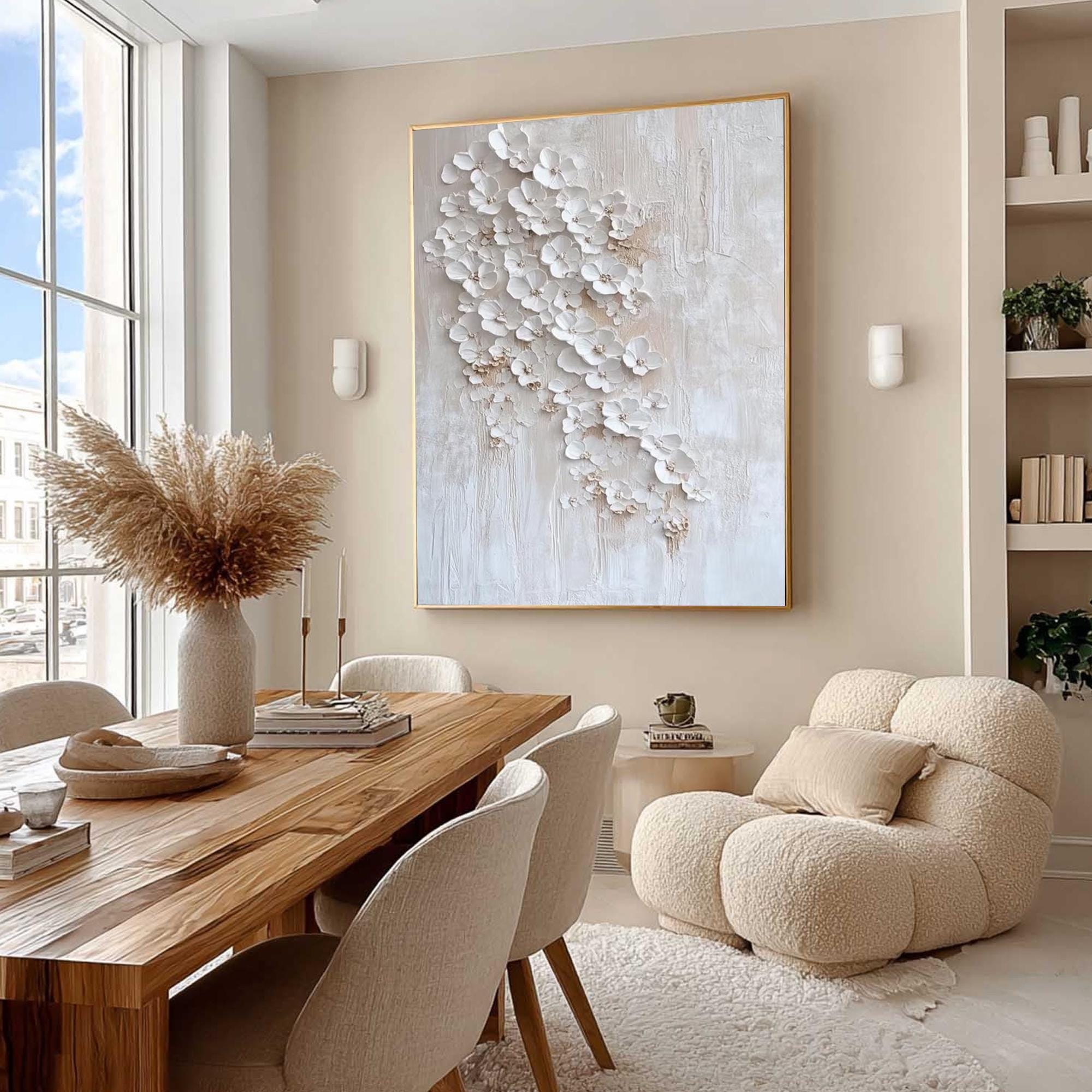 Hand-painted Textured White Floral Cluster Painting on Canvas, 3D ...
