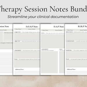 Op de afbeelding: Een bundel met therapie-sessienotities bestaande uit vier witte klinische documentatiesjablonen genaamd Session Note, S.O.A.P Note, D.A.P Note en B.I.R.P Note. Elke pagina bevat velden voor cliëntinformatie, gestructureerde secties voor klinische gegevens en gelinieerde ruimtes.