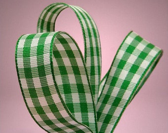 2 yards 3/8 inch gingham plaid grosgrain ribbon -  Green White - party favor decoration - hair ribbons - gift wrap
