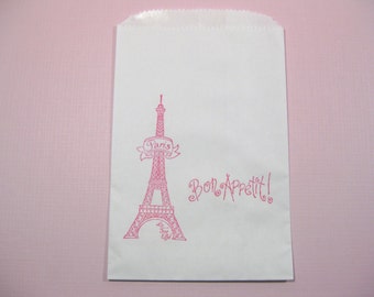 10 White Pink Eiffel Tower Favor Bags lined in wax - Candy Buffet Bags - Paris Wedding - Bridal Shower - Ooh la la Party - Birthday