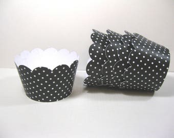 12 scalloped standard size cupcake wrappers - cupcake holder - Halloween - black white polka dot cupcake wrappers