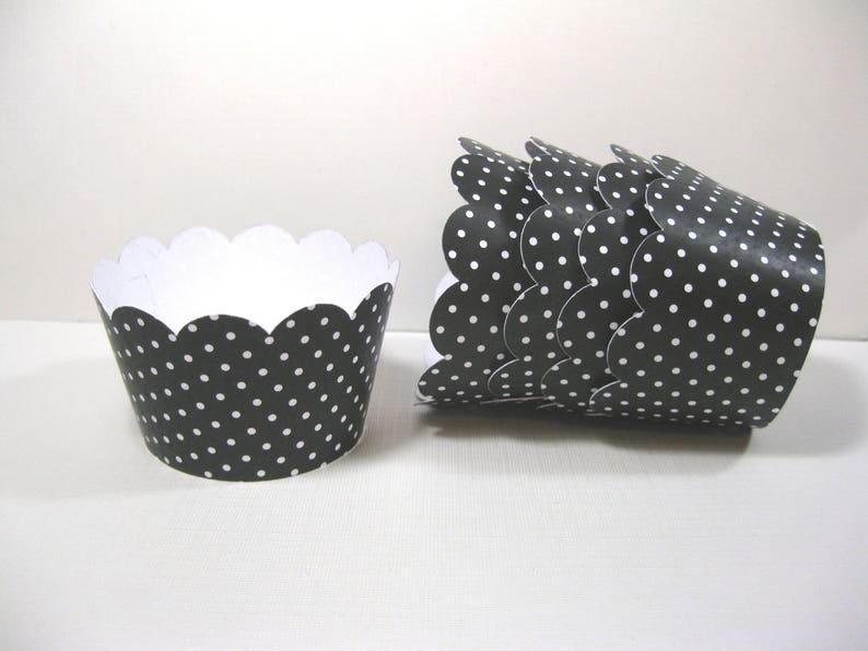 12 scalloped standard size cupcake wrappers cupcake holder Halloween black white polka dot cupcake wrappers image 1