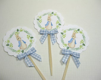 10 Blue White Peter Rabbit Cupcake Toppers - Food Picks -  Cupcake Picks - It's a Boy - Cute Boy Baby Shower Favors