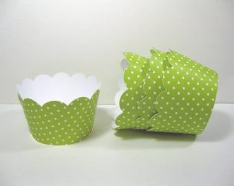 12 scalloped standard size cupcake wrappers - cupcake holder - Halloween - lime green white polka dot cupcake wrappers