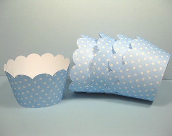Polka dot baby blue and white scalloped cupcake wrapper - Baby boy shower - boy birthday decoration - cupcake decoration - it's a boy
