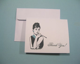 10 Thank You Cards - Audrey Hepburn - Breakfast at Tiff Bridal Shower - Aqua Blue - Baby Shower