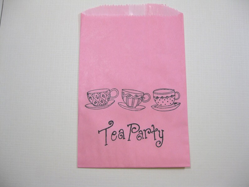 Birthday Bridal Shower Alice in Wonderland Candy Buffet Bags 10 Pink Black Tea Party Paper Favor Bags lined in wax