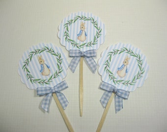 10 Blue White Cute Peter Rabbit Cupcake Toppers - Food Picks -  Cupcake Picks - It's a Boy - Baby Shower Favors- Blue White Stripes