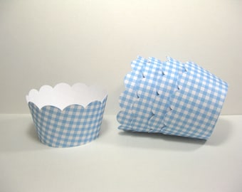 12 scalloped standard size cupcake wrappers - cupcake holder - baby shower - gingham aqua white cupcake wrappers - birthday cupcake wrappers