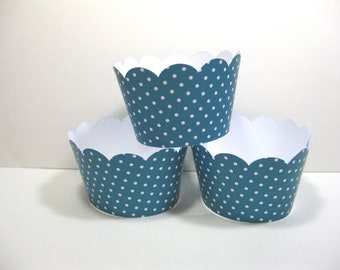 12 scalloped standard size cupcake wrappers - cupcake holder - polka dots - baby shower - teal and white cupcake wrappers - birthday