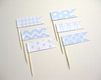 24 Flag Cupcake Toppers - Blue and White - Flag Picks - Cupcake picks - Food Decorations - Bridal Shower - Wedding - Baby Shower