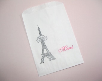 10 White Pink Black Eiffel Tower Favor Bags lined in wax - Candy Buffet Bags - Paris Wedding - Bridal Shower - Ooh la la Party - Birthday