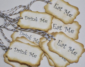 10 Eat Me Drink Me Paper Tags Vintage - Alice in Wonderland - Wedding Tags- Bridal Shower Tags- Baby Shower - Tea Party