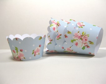 12 scalloped standard size cupcake wrappers - cupcake holder - bridal shower - baby shower - blue shabby chic cupcake wrappers - birthday
