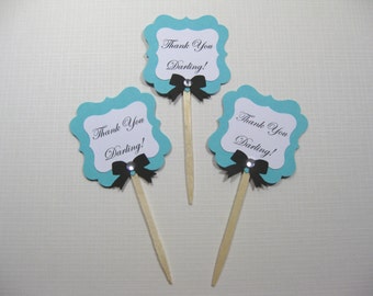 Set of 10  Audrey Hepburn Breakfast at Tiff Cupcake Toppers - Darling - Aqua Blue Bridal Shower - Pool Blue - Food Picks - Cupcake Picks