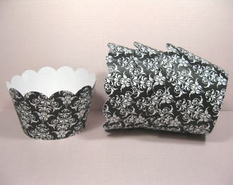 12 scalloped standard size cupcake wrappers - cupcake holder - baby shower - bridal shower - damask black white cupcake wrappers