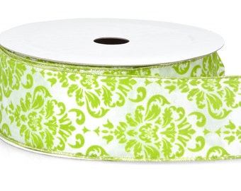 25 yards 2 1/2 inch Wire Edge Lime Green White Damask Flocked Satin Ribbon Wedding Chair Sashes