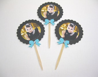 10 Audrey Hepburn Breakfast at Tiff Shower  - Cupcake Toppers - Aqua Blue Bridal Shower - Food Picks - Cupcake Picks - Thank You Darling