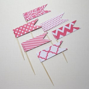 24 Flag Cupcake Toppers Food Picks Flag Picks Cupcake picks Food Decorations Hot Pink White Bridal Shower Wedding Baby Showers image 1