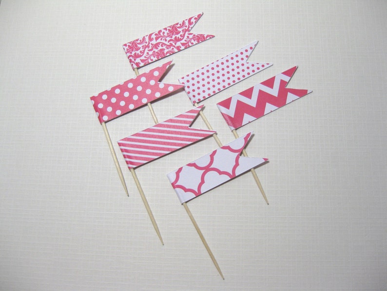 24 Flag Cupcake Toppers Food Picks Flag Picks Cupcake picks Food Decorations Hot Pink White Bridal Shower Wedding Baby Showers image 1