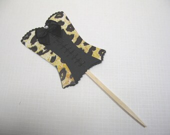 10 Leopard Animal Print and Black Corset Cupcake Toppers - Food Picks - Bridal Shower Favors - Lingerie Shower - Bachelorette Party