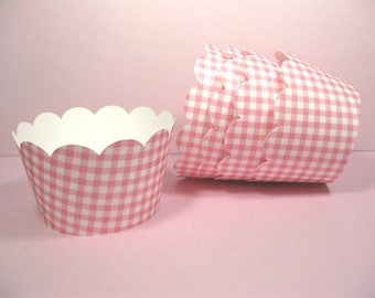 12 scalloped standard size cupcake wrappers - cupcake holder - girl baby shower - gingham pink white cupcake wrappers - girl birthday