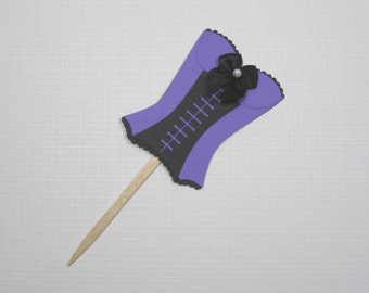 10 Purple Black Corset Cupcake Toppers - Food Picks - Bridal Shower Favors - Lingerie Shower - Girls Night Out - Bachelorette Party