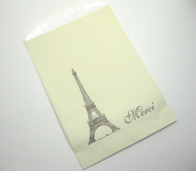 10 Cream and Brown Eiffel Tower Favor Bags lined in wax Candy Buffet Bags Paris Wedding Bridal Shower Ooh la la Party Birthday image 1