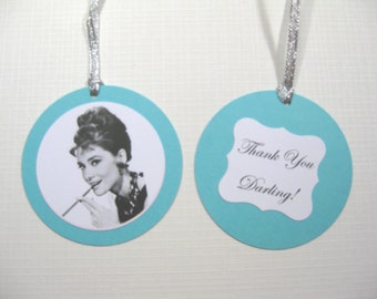 Set of 10 Audrey Hepburn Breakfast at Tiff Bridal Shower Favor Tags  Gift Tags  Aqua Blue Tags  Thank You Darling  Pool Blue Tags