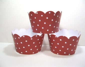 12 scalloped standard size cupcake wrappers - cupcake holder - polka dots - baby shower - red and white cupcake wrappers - birthday