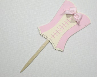 10 Pink Cream Ivory Corset Cupcake Toppers - Food Picks - Bridal Shower Favors - Lingerie Shower - Girls Night Out - Bachelorette Party