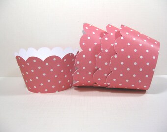 12 scalloped standard size cupcake wrappers - cupcake holder - girl baby shower - coral cupcake wrappers - girl birthday - polka dots