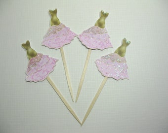 10 Pink and Gold Dress Cupcake Toppers - Food Picks - Favors - Bridal Shower - Girl Birthday - Quincenera party