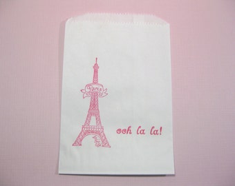 10 White Pink Eiffel Tower Favor Bags lined in wax - Candy Buffet Bags - Paris Wedding - Bridal Shower - Ooh la la Party - Birthday